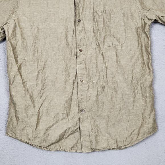 Uniqlo Shirt Mens Medium Green Linen Cotton Band Collar Short Sleeve Button - Picture 6 of 12